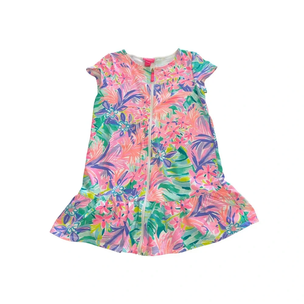 Lilly Pulitzer Girls Floral Zip Front Bathing Suit  Dress Pink Purple Sz L 8-10